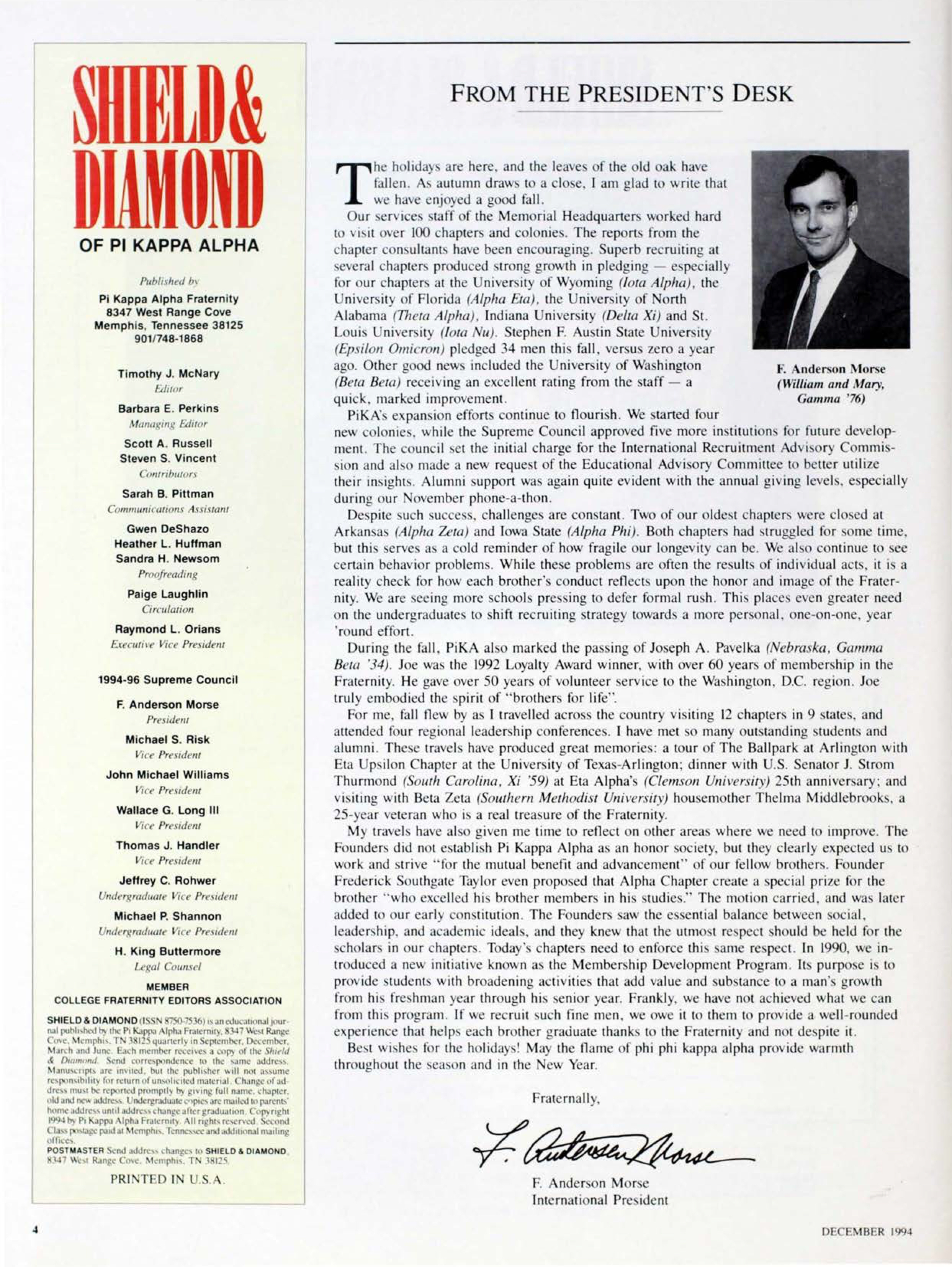 Shield & Diamond of Pi Kappa Alpha, December 1994